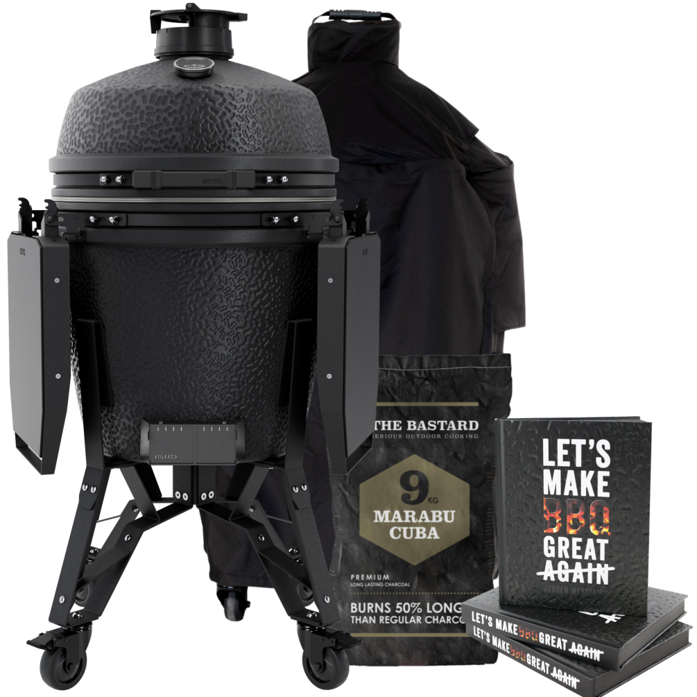 BSTRD. Pro Large Complete Keramikgrill  -  Graphite inkl. Abdeckhaube, BBQ Buch & Holzkohle BP301G Set