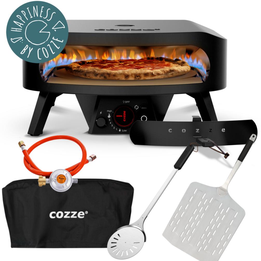 COZZE Gas Pizzaofen Starter Set 17 CLASSIC Black Edition mit rotierendem Pizzastein & Hitzeschild 90937