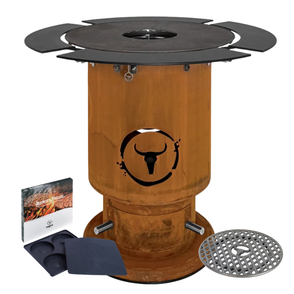 Moesta Feuerplattengrill  Bandit 2.0 FirePlace inkl. 4 x Ablagebretter schwarz/-oben + Sizzle Rost & Burgerpresse 20360