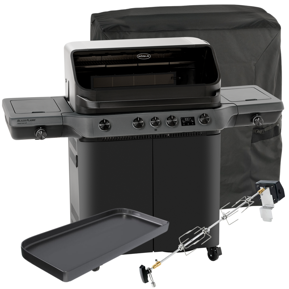 Rösle Gasgrill BLAZEFLAME Master 4 Bundle Set inkl. Abdeckhaube, Plancha & Drehspieß 250601-Set