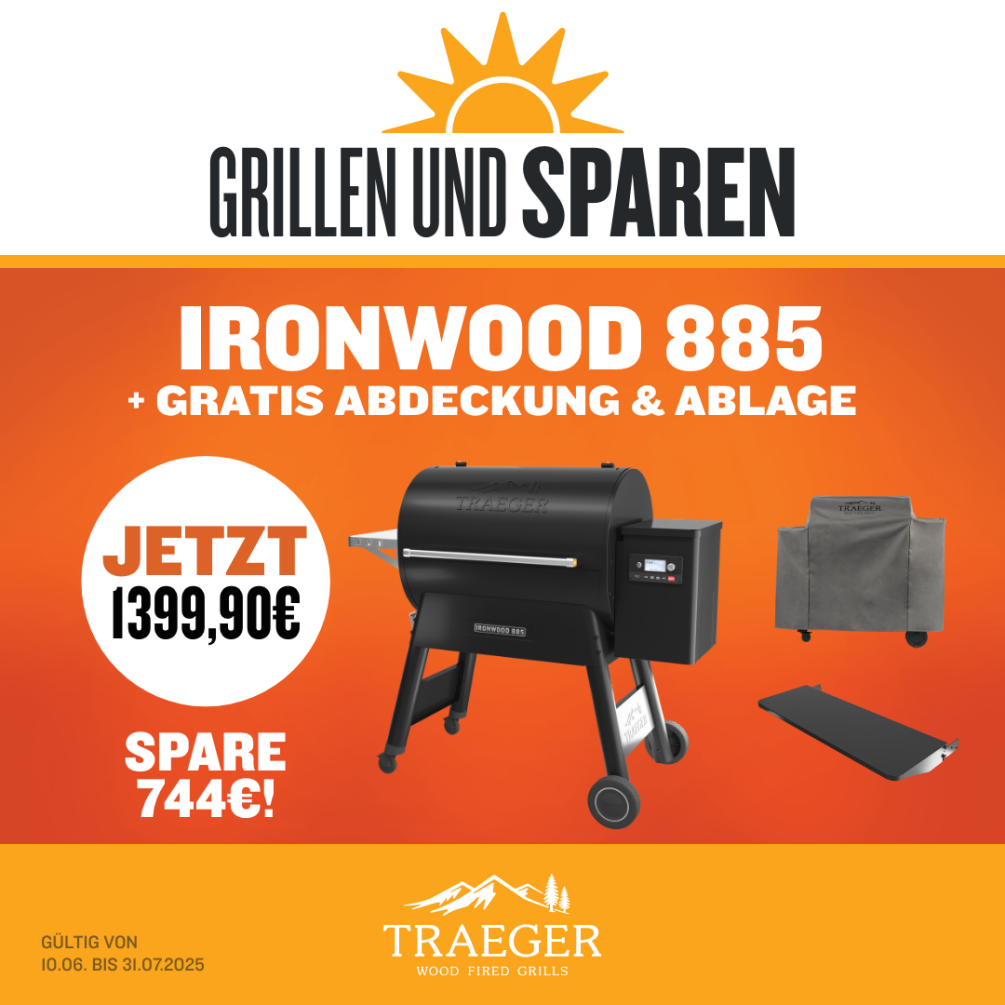 Traeger Pelletgrill Ironwood 885 inkl. Abdeckhaube + Frontablage &  9 kg Pellets  TFB89BLFC