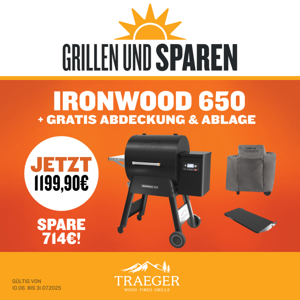Traeger Pelletgrill  Ironwood 650 inkl. Frontablage+ Abdeckhaube & 9 Kg Pellets TFB65BLFC