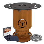 Moesta Feuerplattengrill  Bandit 2.0 FirePlace inkl. 4 x Ablagebretter schwarz/-oben + Sizzle Rost & Burgerpresse