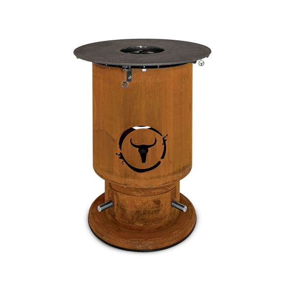 Moesta Feuerplattengrill  Bandit 2.0 FirePlace inkl. 4 x Ablagebretter schwarz/-oben + Sizzle Rost & Burgerpresse