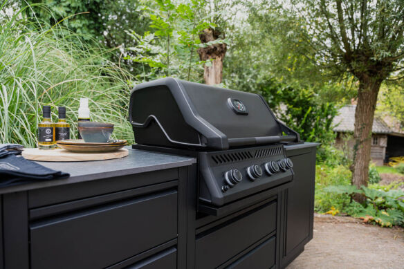 Napoleon Einbau/- Built-In Gasgrill 300 Series Mattschwarz mit Untergestell, Abdeckhaube & Drehspieß