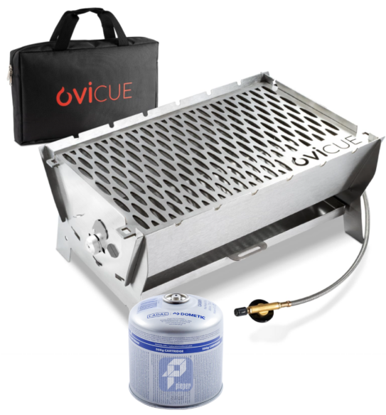 OVICUE Starter-Set Edelstahl Gas- & Holzkohle Steckgrill L inkl. Tasche & Gaskartusche 500gr
